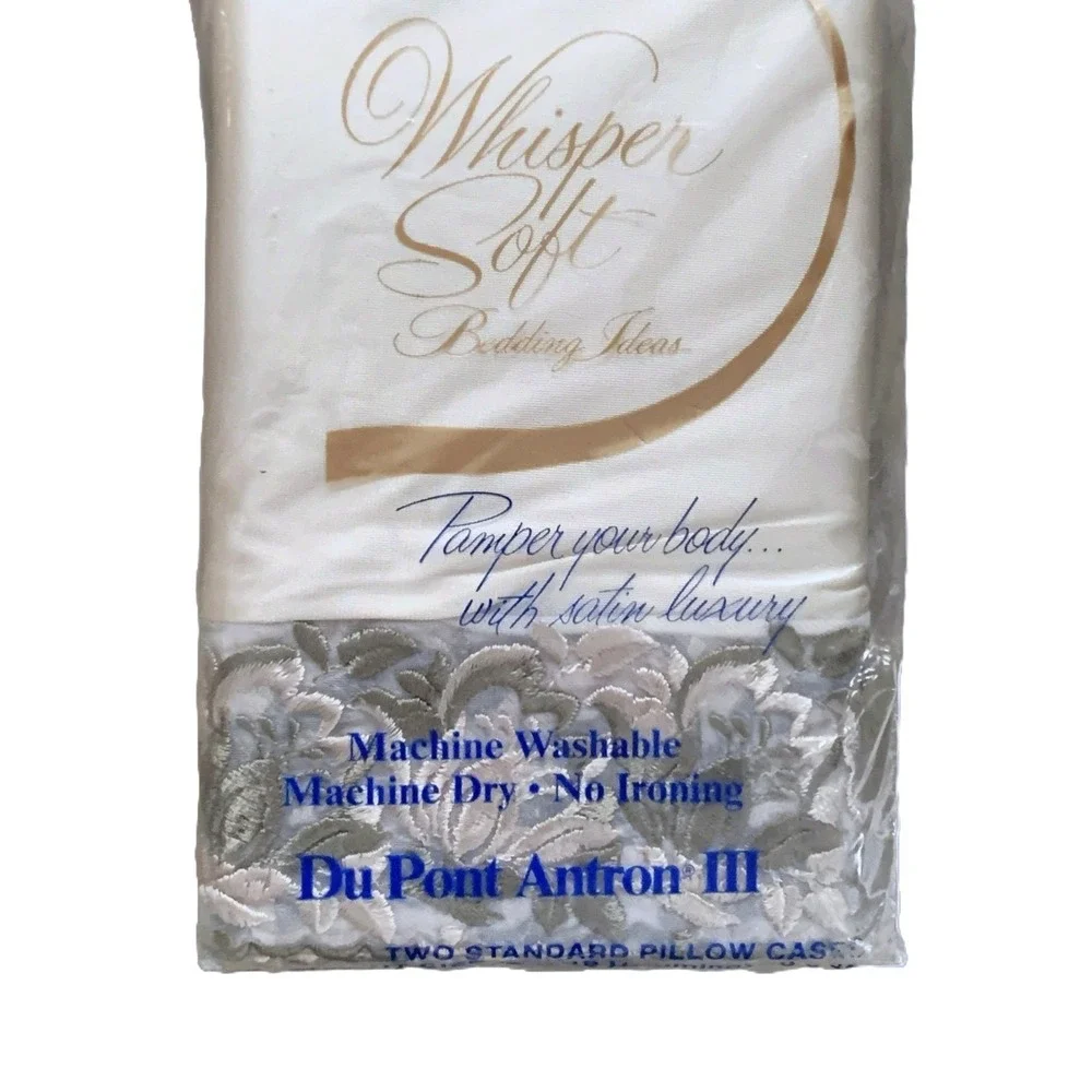 Vtg Whisper Soft Dupont Antron Nylon Pillowcase Wide Embr Lace 20x36 Std Pair